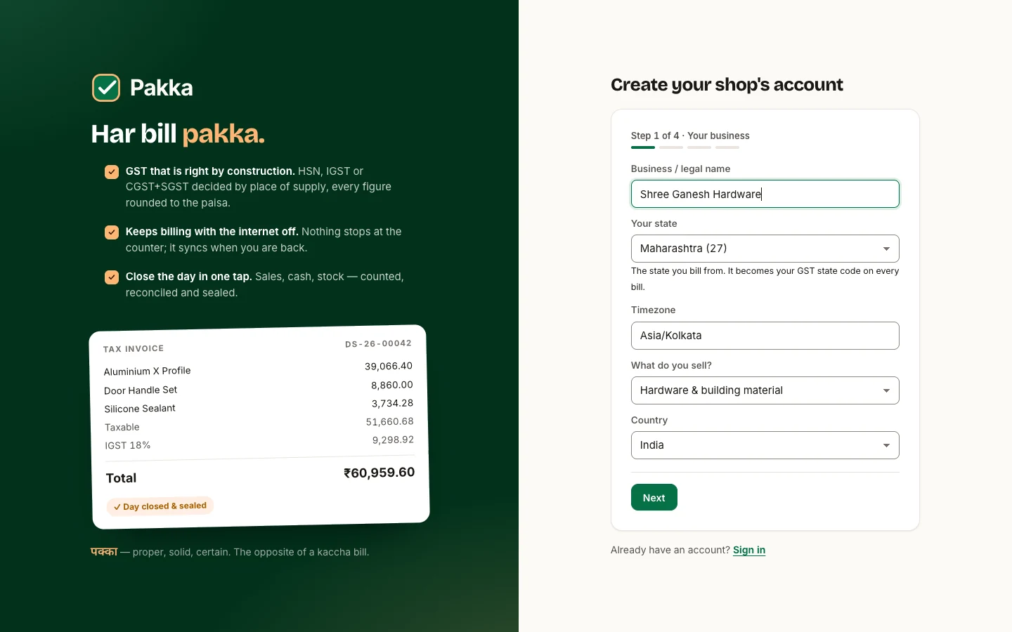 Step 1 of 4 of the Pakka sign-up: business name, your state picked from a list (Maharashtra, 27), timezone, what you sell, and country.